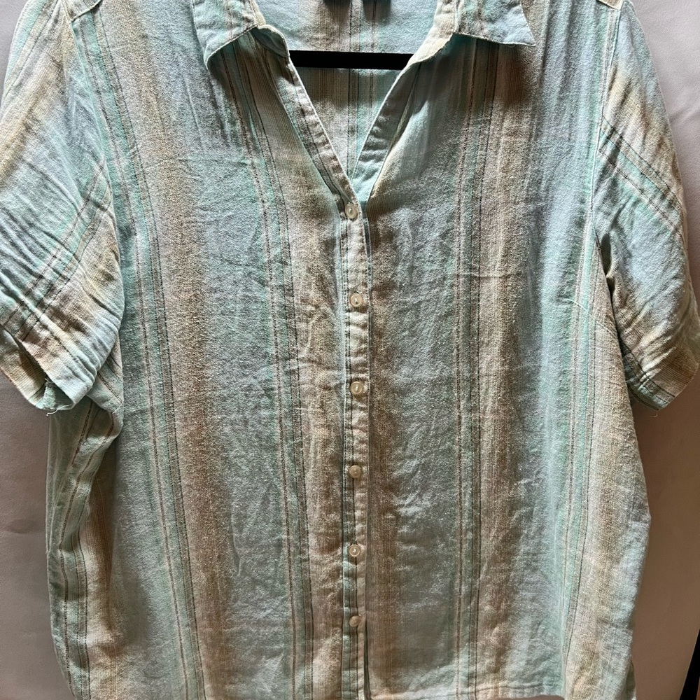 Basic Editions aqua and Brown striped‎ Boxy Button Down Shirt XL